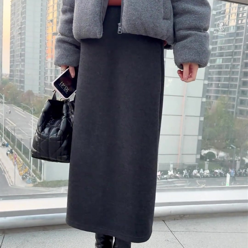 高端定制深灰色毛呢大码半身裙女