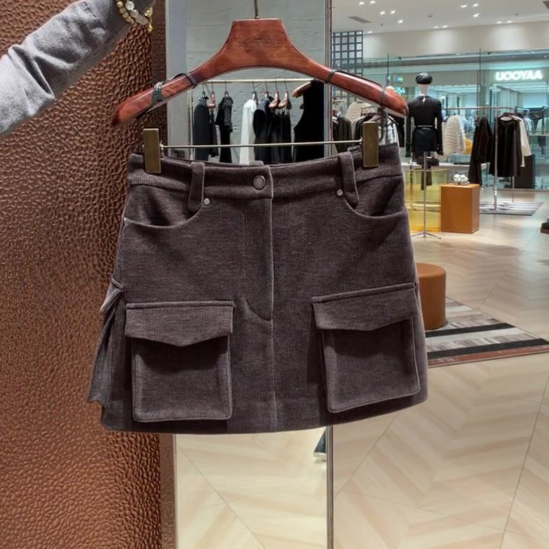 高端定制暗紫色灯芯绒大码半身裙