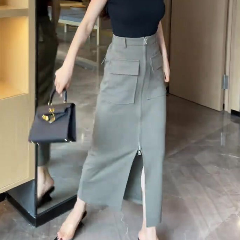 法式灰色西装半身裙女2025夏季新款高级感开叉显瘦百搭时尚直筒裙