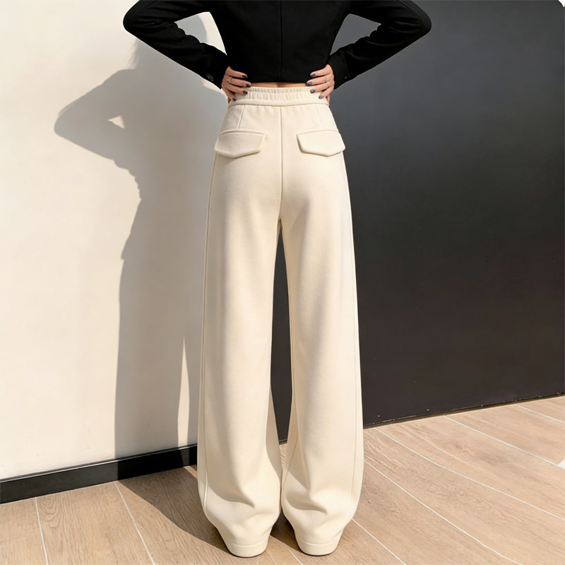 欧货高端定制米白色毛呢大码阔腿裤女2026早春新款慵懒休闲直筒裤,女装/女士精品,大码裤装,淘宝优惠券,粉丝福利购,淘宝优惠卷