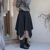 新款 高端定制深灰色条纹大码 半身裙女2025冬季 加厚不规则A字裙子