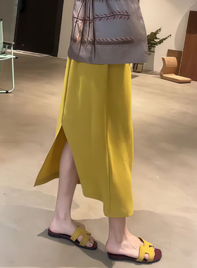 黄色垂感开叉设计a字裙女2025年夏季新款时尚百搭休闲简约半身裙
