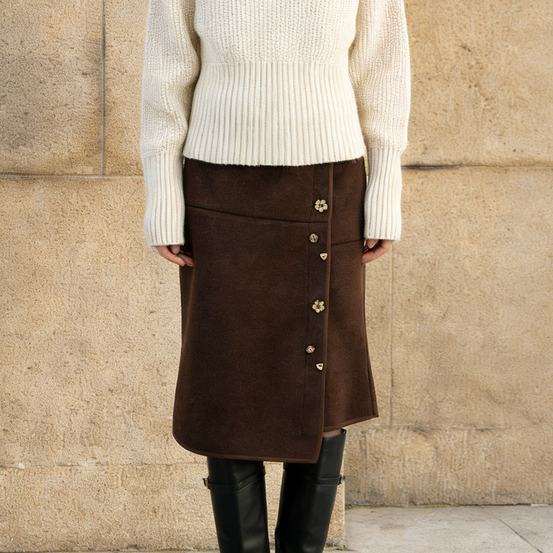 欧货高端定制深棕色毛呢大码半身裙女2026早春新款纽扣装饰A字裙,女装/女士精品,大码半身裙,淘宝优惠券,粉丝福利购,淘宝优惠卷