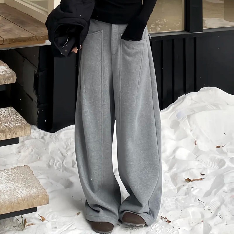 高端定制浅灰色毛呢大码阔腿裤女