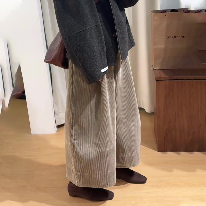 高端定制咖灰色灯芯绒大码阔腿裤