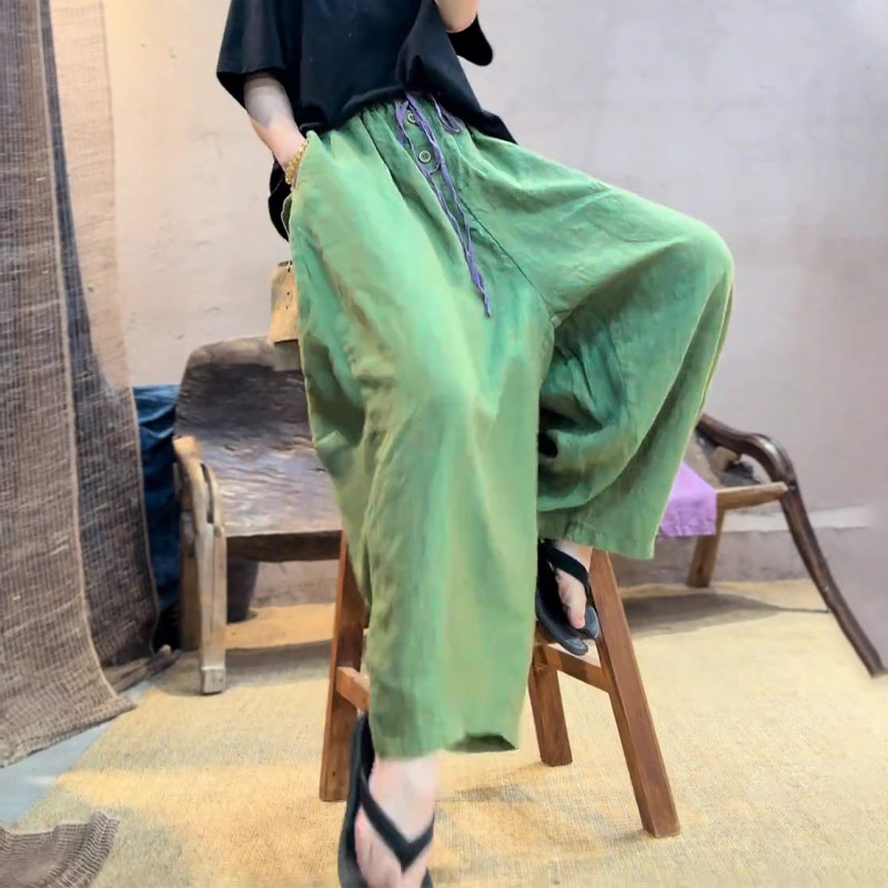 绿色宽松亚麻潮流阔腿裤2025秋季