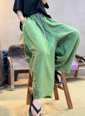 绿色宽松亚麻阔腿裤女2026夏季新款休闲时尚百搭通勤潮流直筒裤子