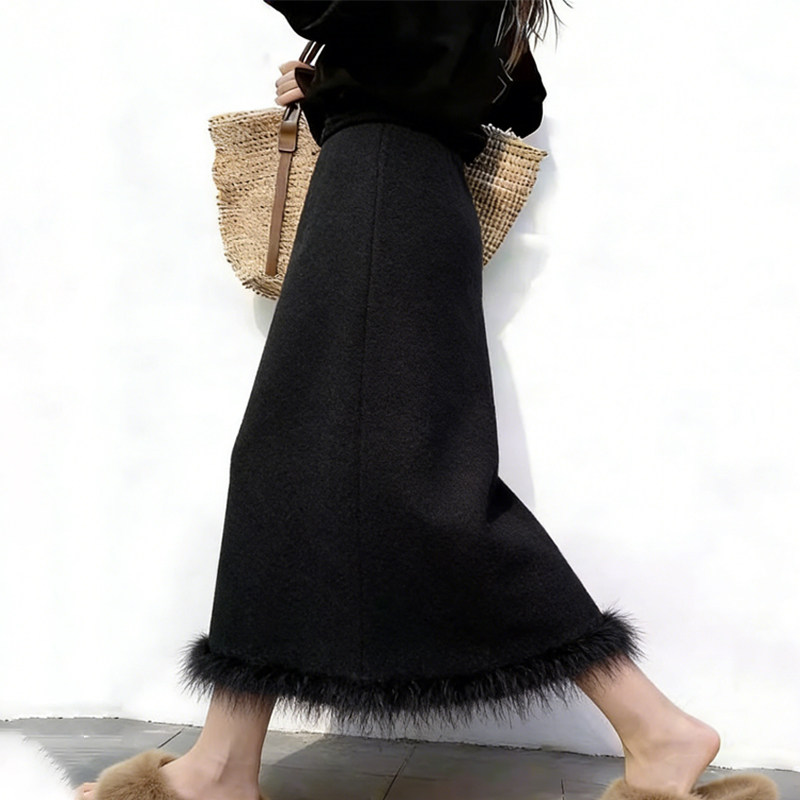 欧货高端定制黑色毛呢大码半身裙女2026早春新款减龄毛绒边A字裙,女装/女士精品,大码半身裙,淘宝优惠券,粉丝福利购,淘宝优惠卷