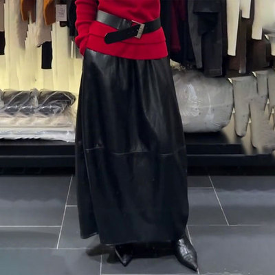 欧货高端定制黑色大码半身皮裙女