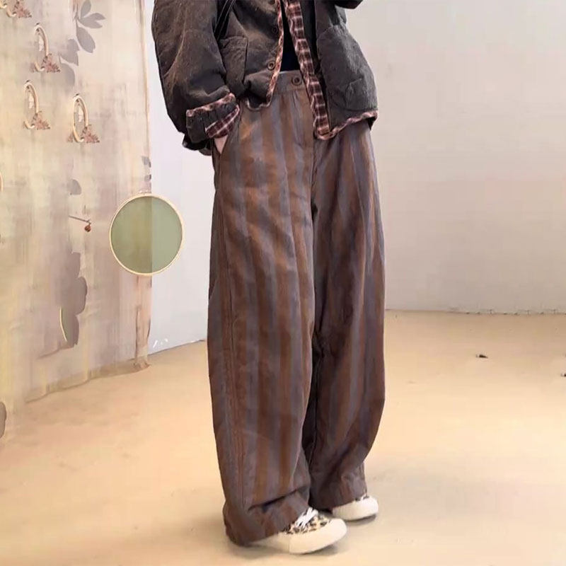 欧货高端定制咖色条纹大码阔腿裤