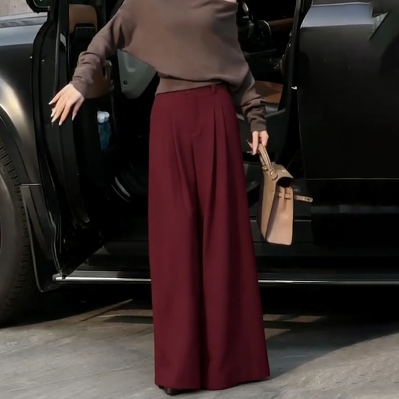 欧货高端定制酒红色大码阔腿裤女2025冬季新款加厚垂顺感西装裤子,女装/女士精品,大码裤装,淘宝优惠券,粉丝福利购,淘宝优惠卷