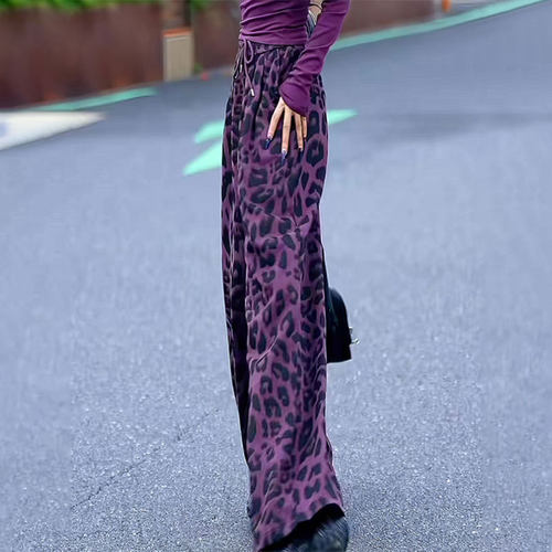 欧货定制紫色豹纹大码阔腿裤女