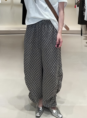欧货正品灰色复古格纹阔腿裤女2025秋季新款慵懒休闲风宽松弯刀裤