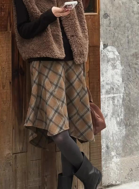 欧货高端定制棕黄色毛呢大码半身裙女2025秋冬新款加厚格纹a字裙