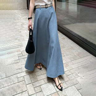轻熟风A字裙子 新款 欧货高端定制雾霾蓝大码 亚麻半身裙女2026夏季