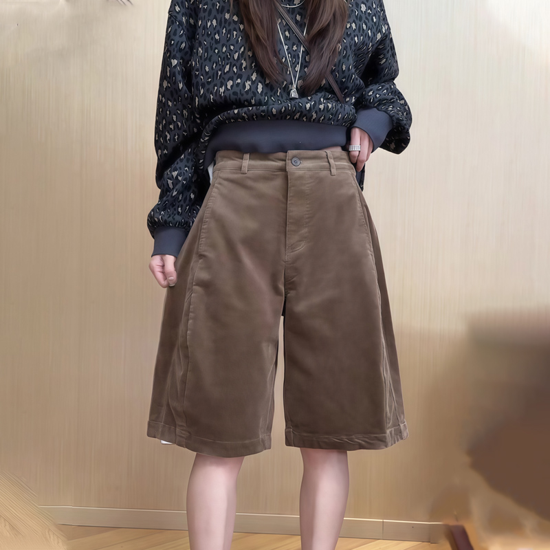 欧货高端定制棕色灯芯绒阔腿中裤