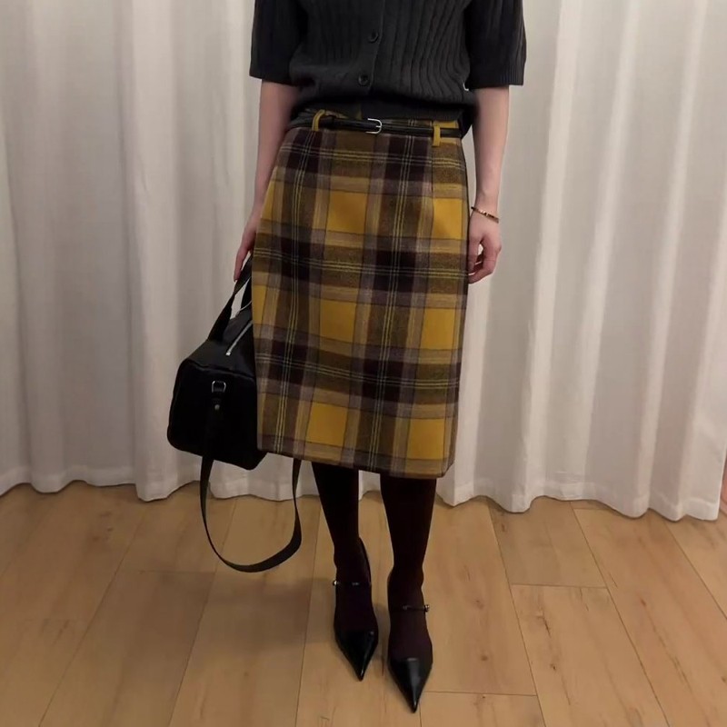 高端定制黄色格子大码半身裙女