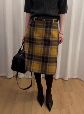 欧货高端定制黄色格子大码半身裙女2025冬季新款加厚复古风中长裙