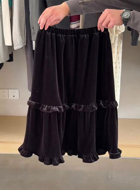 欧货高端定制丝绒深紫色大码半身裙女2025冬季新款加厚花边A字裙