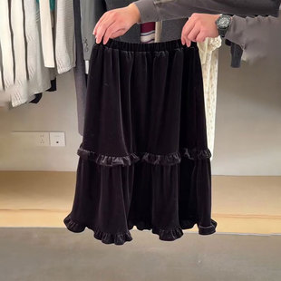 加厚花边A字裙 新款 欧货高端定制丝绒深紫色大码 半身裙女2025冬季