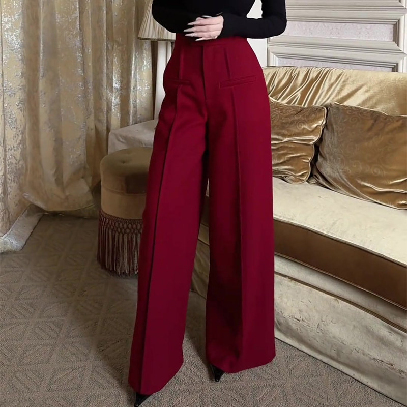 高端定制红色毛呢大码阔腿西装裤