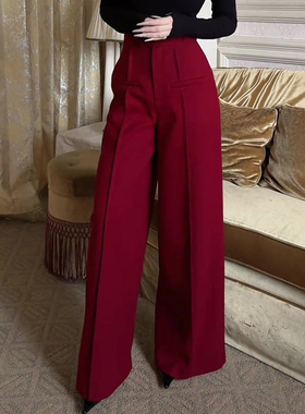 高端定制红色毛呢大码阔腿西装裤女2025冬季新款加厚垂顺感休闲裤