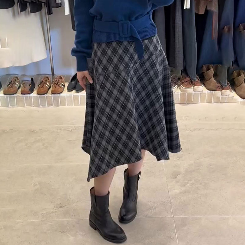 高端定制灰色格子大码半身裙女