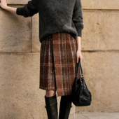 欧货高端定制红棕色毛呢大码 半身裙女2026早春新款 细格纹A字裙子