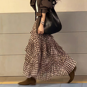 高端定制咖色格子不规则大码 半裙2025秋冬新款 高级感气质减龄裙子