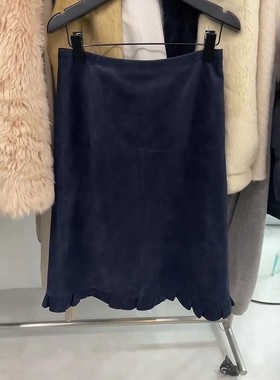 欧货高端定制藏蓝色小花边大码半身裙女2025冬季新款加厚A字裙子