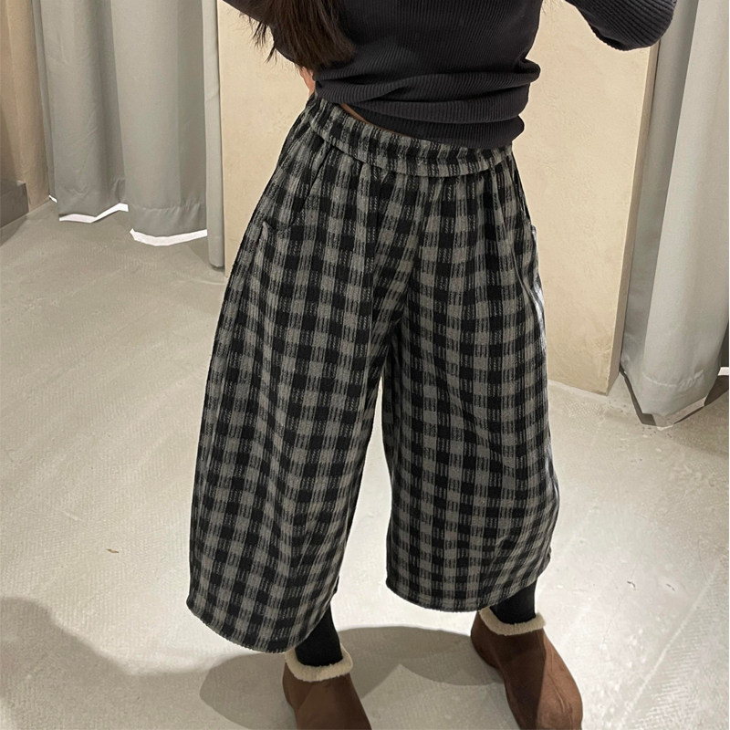 高端定制灰色毛呢大码格子阔腿裤