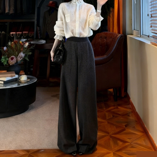 高端定制深灰色毛呢大码阔腿裤女
