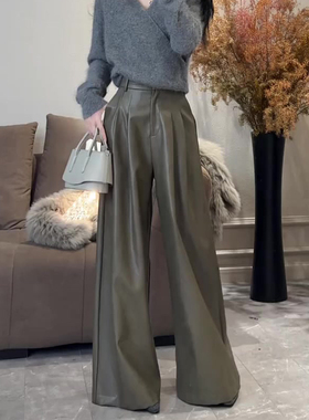 欧货高端定制灰绿色大码阔腿pu皮裤女2025冬季新款加厚慵懒休闲裤