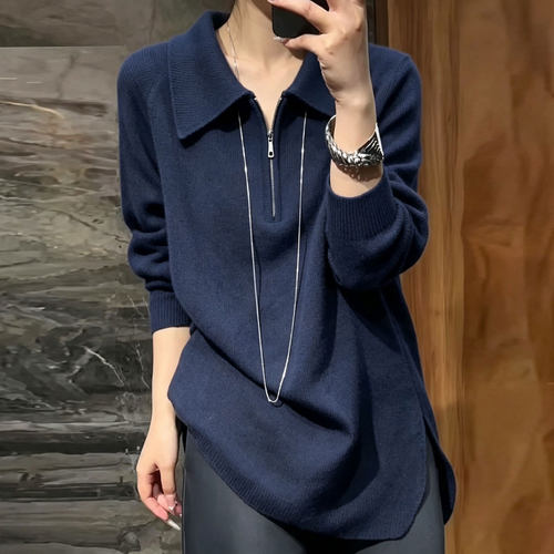 欧货高端藏青色半拉链大码上衣女