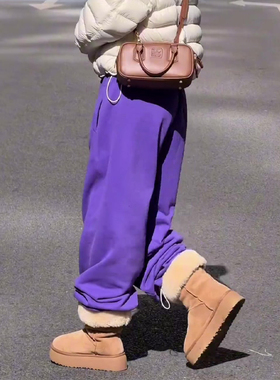 欧货高端定制紫色松弛大码阔腿裤女2025冬季新款加厚慵懒风休闲裤