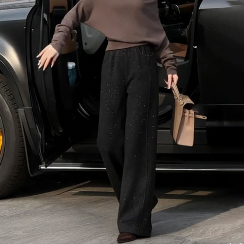 高端定制灰色毛呢大码细闪阔腿裤