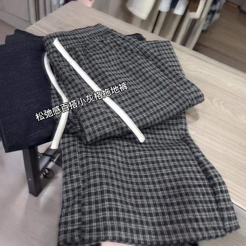 欧货高端灰色格子大码阔腿裤女