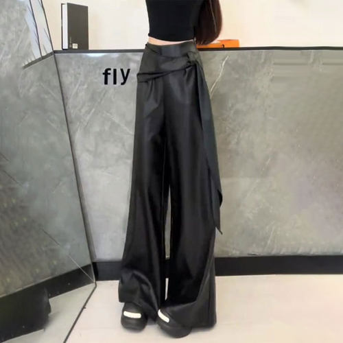 高端定制小众黑色大码飘带皮裤女