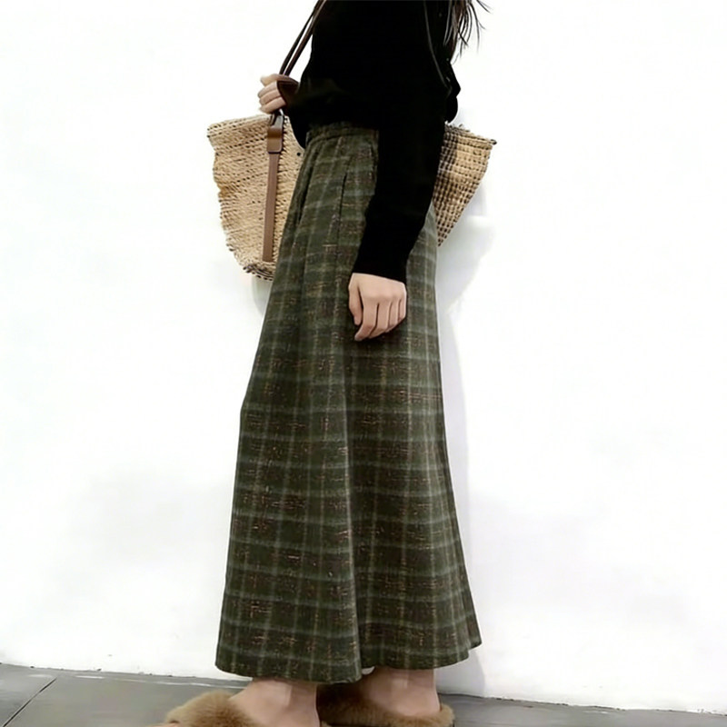 欧货高端定制墨绿色毛呢大码半身裙女2026早春新款轻熟格纹大摆裙,女装/女士精品,大码半身裙,淘宝优惠券,粉丝福利购,淘宝优惠卷