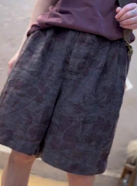 欧货大牌紫色棉麻印花设计五分裤女2025秋季新款大码时尚宽松裤子