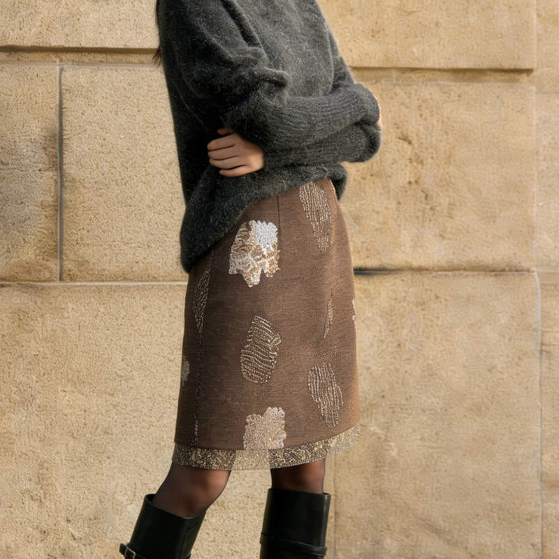 欧货高端棕色毛呢定制大码半身裙女2026早春新款浅金花纹A字裙子,女装/女士精品,大码半身裙,淘宝优惠券,粉丝福利购,淘宝优惠卷
