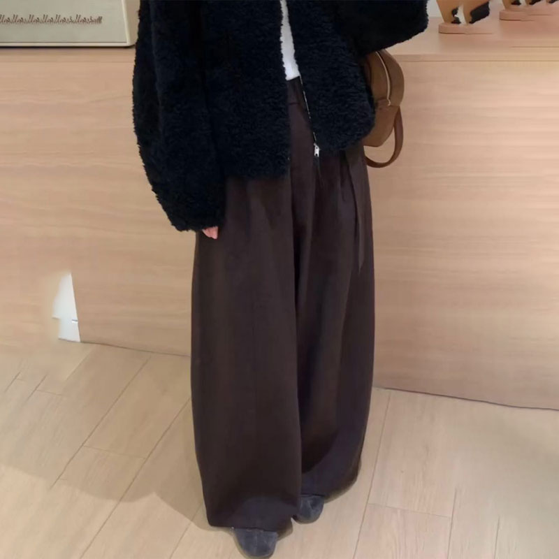 定制棕色毛呢大码阔腿西装裤女