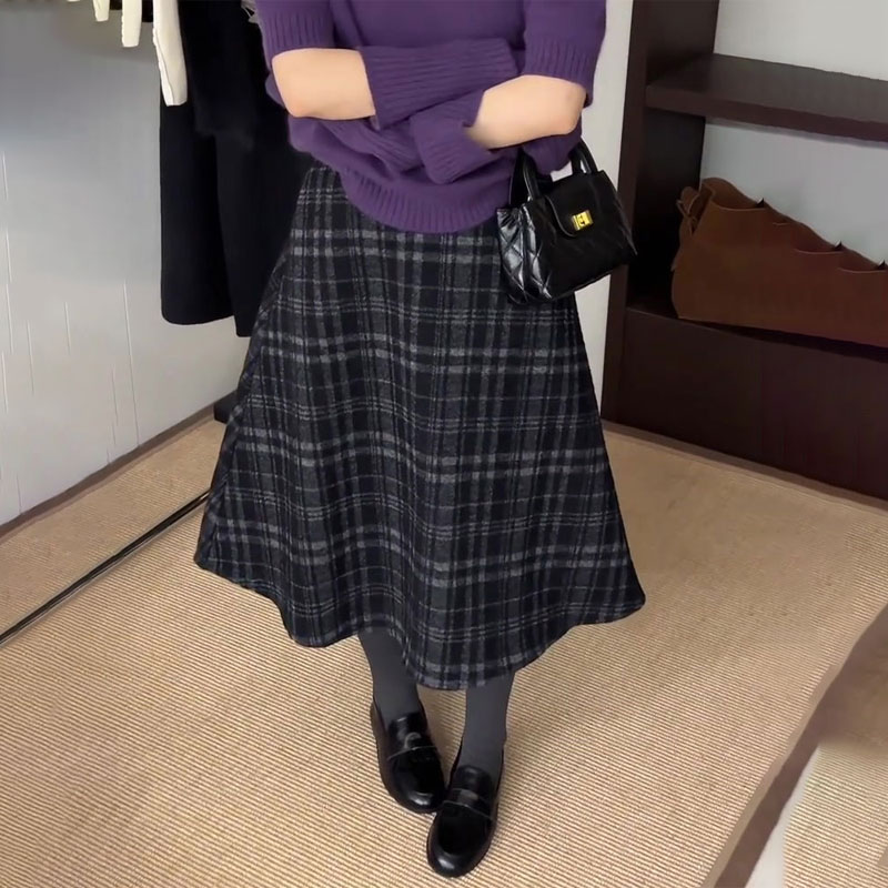 定制黑色格纹毛呢大码半身裙女