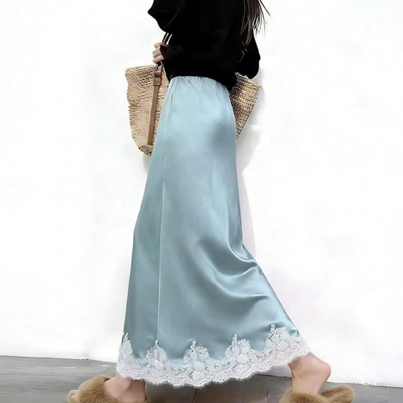 高端定制浅薄荷蓝色缎面大码半身裙女2026早春新款蕾丝拼接A字裙,女装/女士精品,大码半身裙,淘宝优惠券,粉丝福利购,淘宝优惠卷