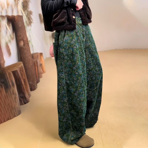 欧货定制复古印花休闲阔腿裤子女