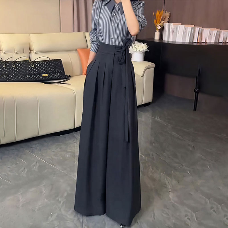 欧货深灰色大码绑带压褶阔腿裤女