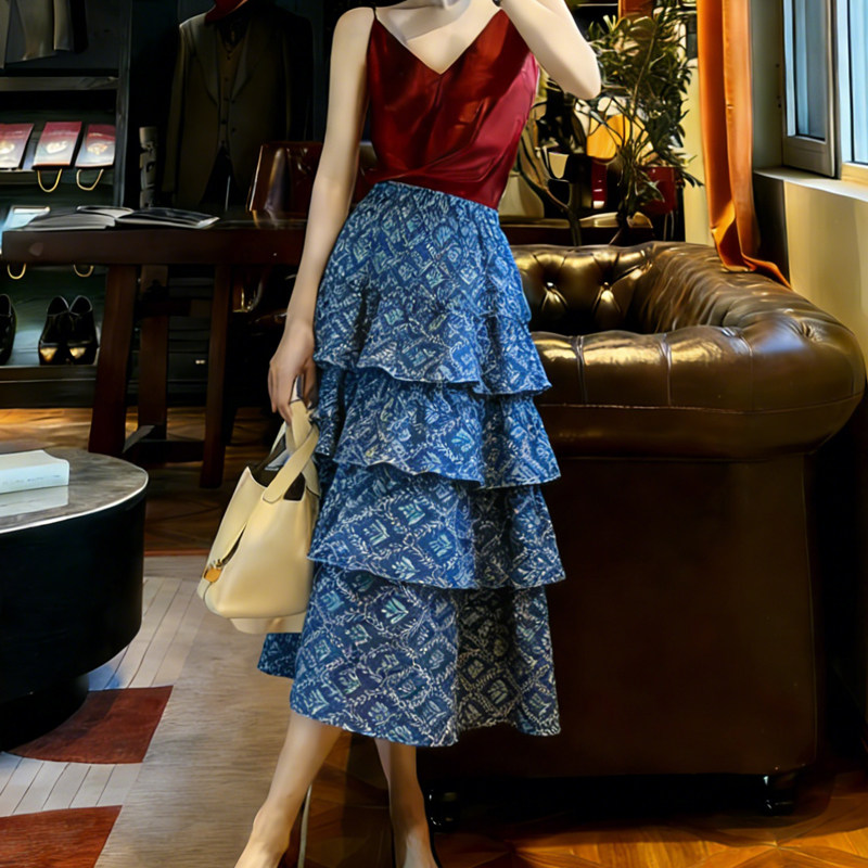 欧货高端定制蓝底白花雪纺大码半身裙女2026早春新款多层蛋糕裙子,女装/女士精品,大码半身裙,淘宝优惠券,粉丝福利购,淘宝优惠卷