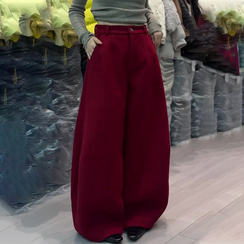 欧货高端定制深红色毛呢大码阔腿裤女2025冬季新款加厚慵懒弯刀裤,女装/女士精品,大码裤装,淘宝优惠券,粉丝福利购,淘宝优惠卷
