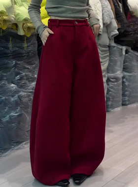 欧货高端定制深红色毛呢大码阔腿裤女2025冬季新款加厚慵懒弯刀裤