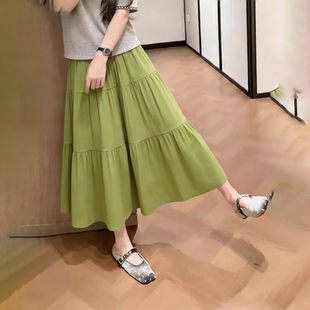 极简慵懒大摆裙 新款 欧货高端定制果绿色大码 压褶半身裙女2026夏季